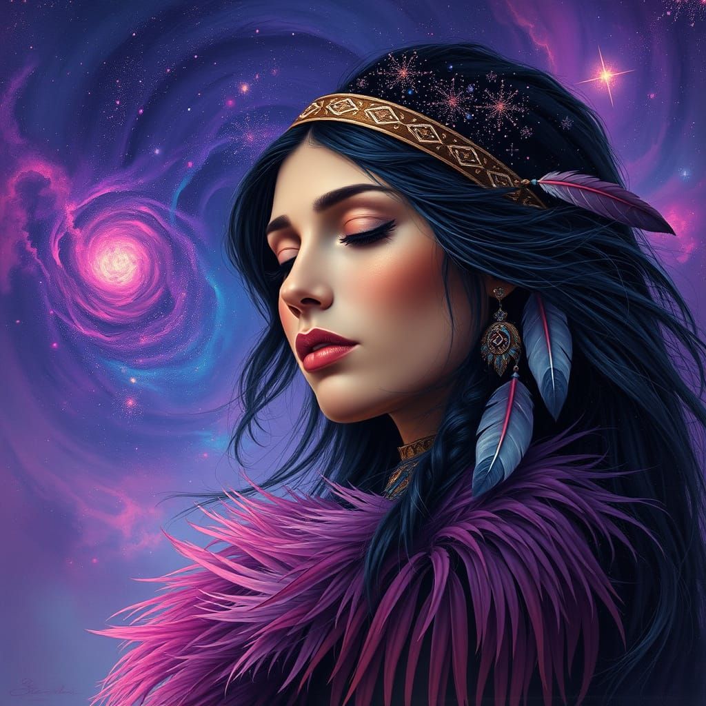 Native American Woman with Stardust Hair in Art Nouveau Styl...