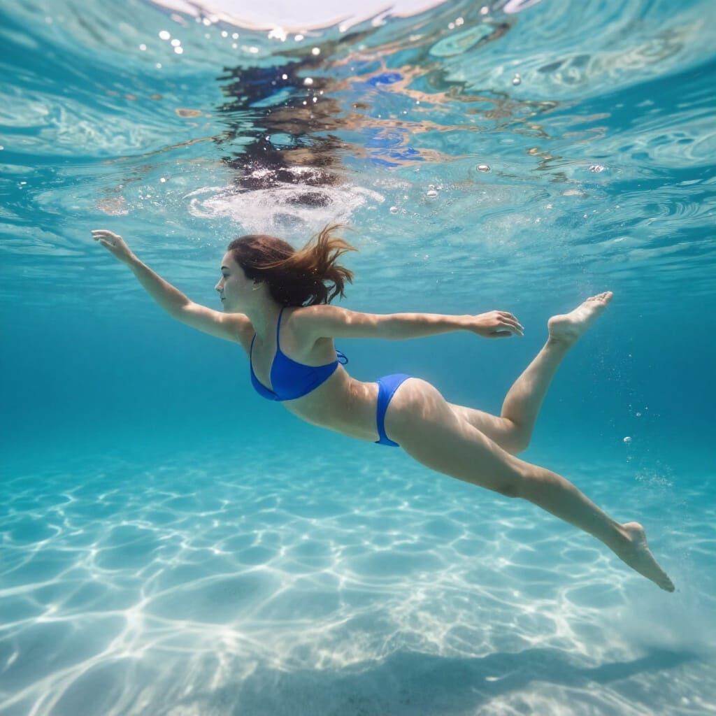 Woman Swimming Underwater in Blue Bikini, Ethereal Sunlight