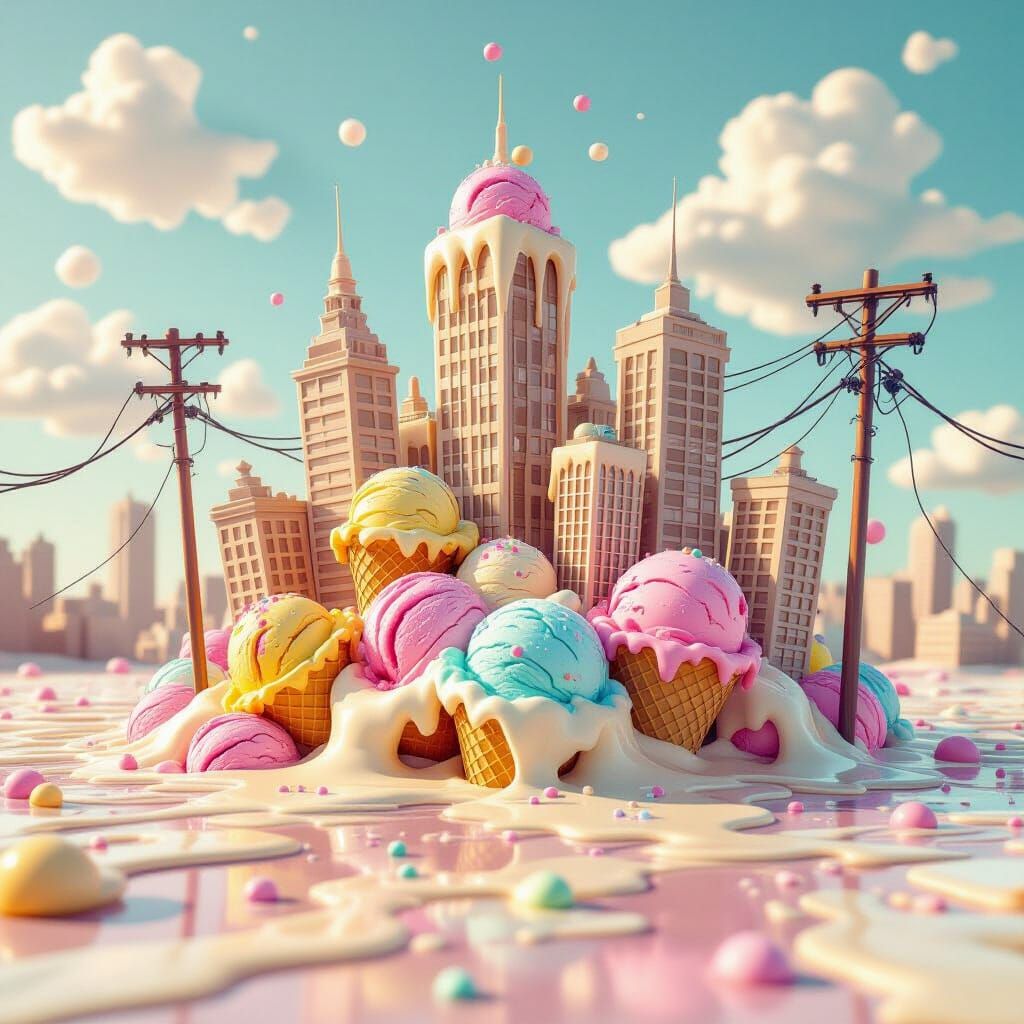 Cityscape crafted from milk chocolate and ice cream melting , wires dissolving , surreal and creative. 3d cartoon.