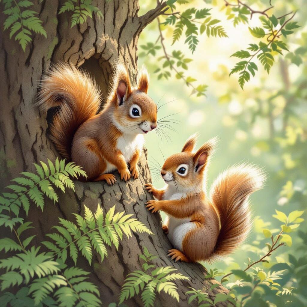 Squirrels and Ferns in a Sunny Forest