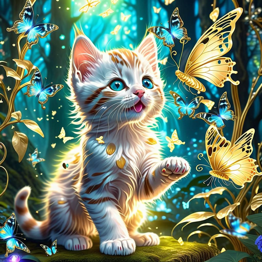 Enchanted Kitten Playing with Bioluminescent Butterflies