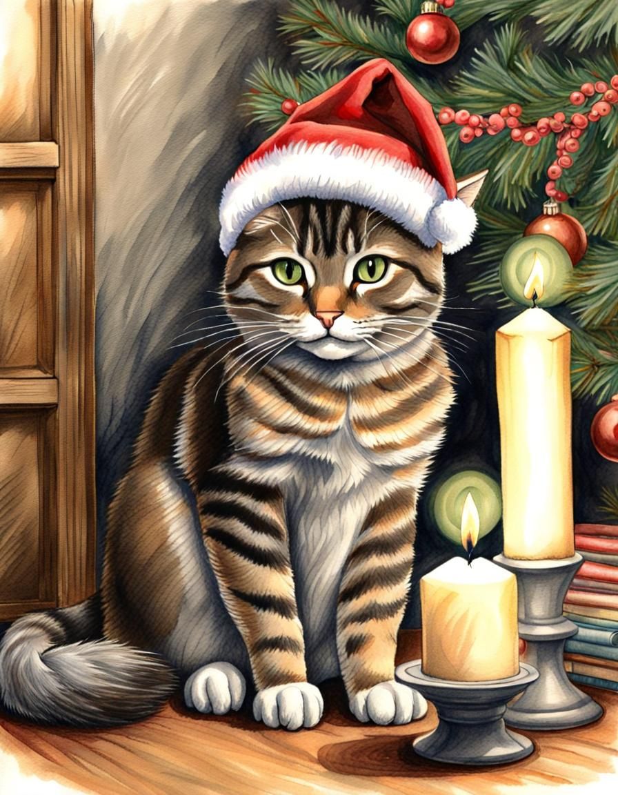 Festive Tabby Cat with Advent Wreath: Watercolor Sketch