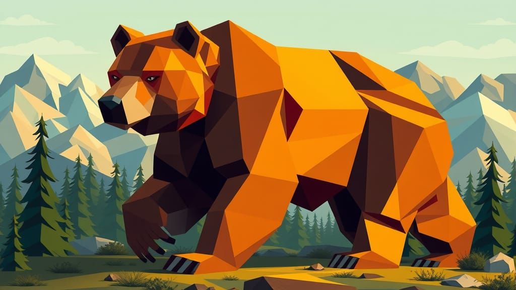 Surreal Geometric Bear in Vibrant Cubic Landscape