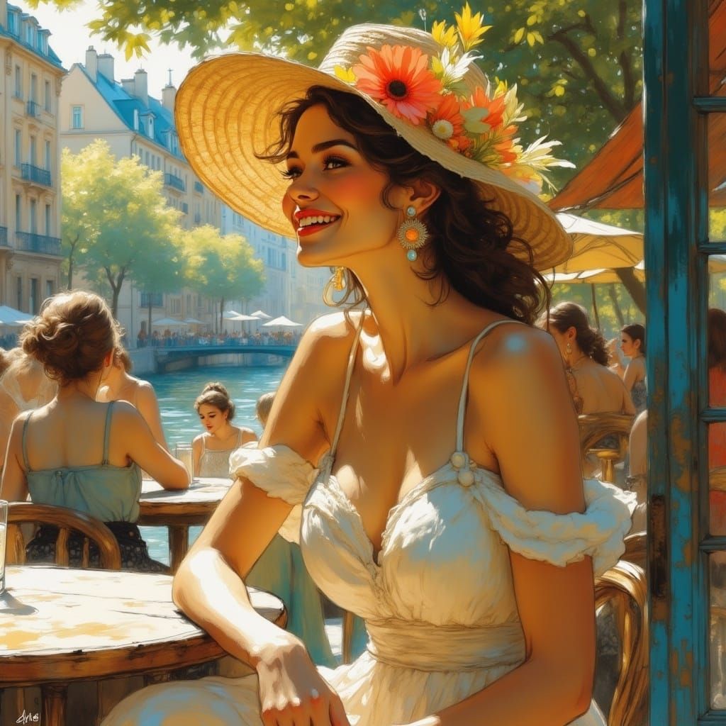 Parisienne Woman at Guinguette in Impressionist Style