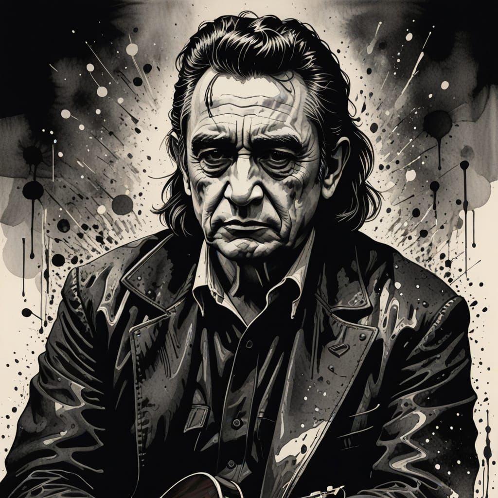 Johnny Cash Portrait in Ink and Rugged Americana Style
