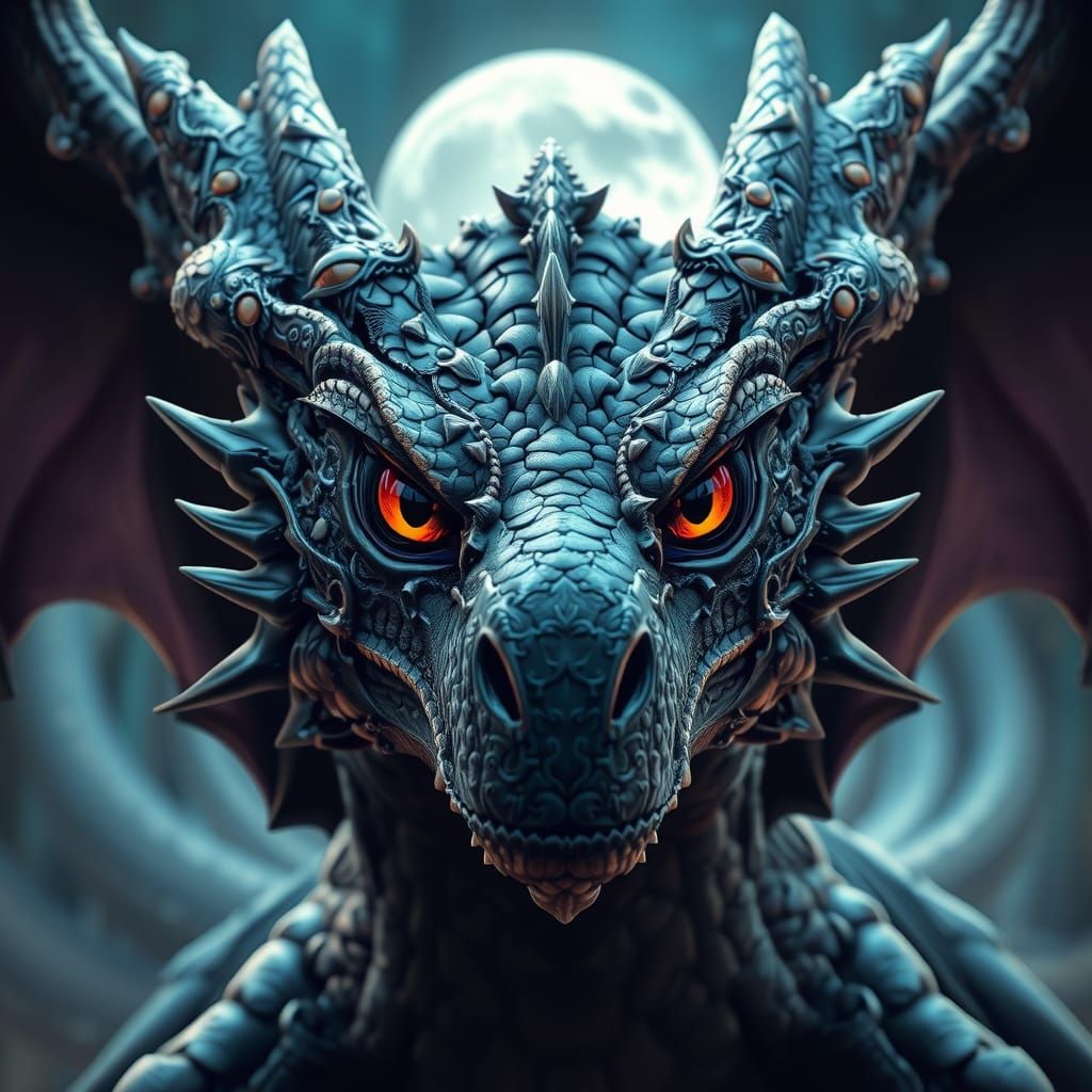 Realistic Black Dragon Portrait in Moonlit Forest