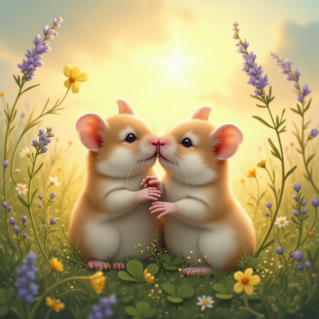 Whimsical Hamster Duo Basks in Golden Light