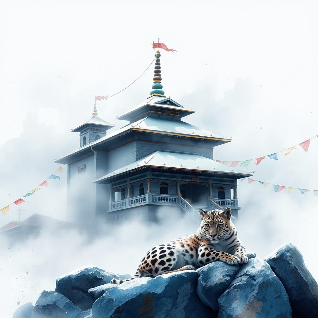 Himalayan Temple with Snow Leopard, Watercolour Style