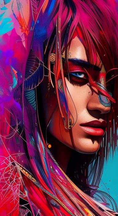 Detailed Apache Warrior Portrait in Vibrant Style