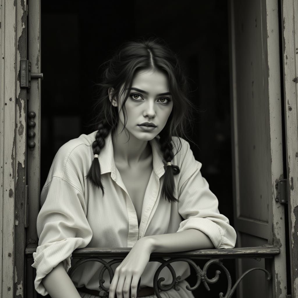 Contemplative Woman on Balcony in Wong Kar-wai Style