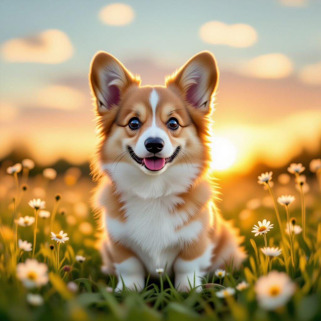 Fluffy Corgi in Wildflower Field at Sunset
