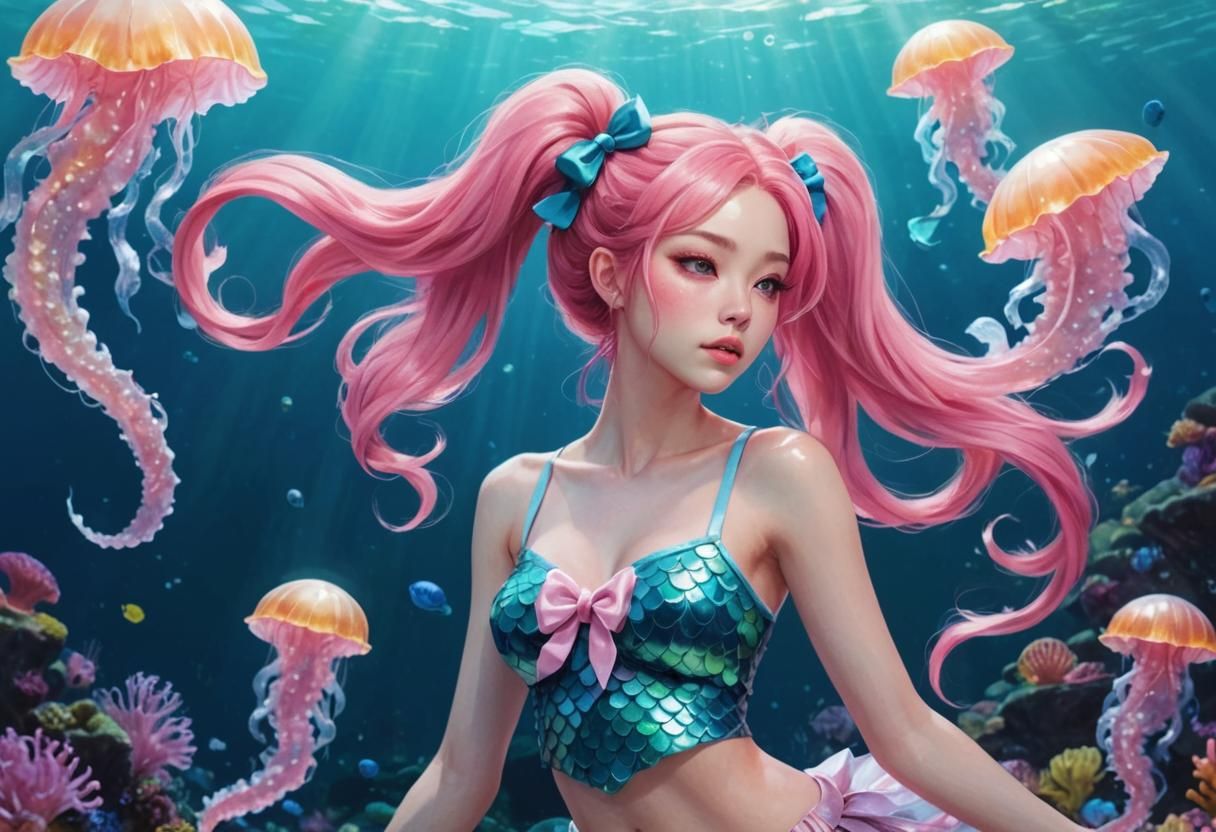 Pink-Haired Woman with Jellyfish in Dreamlike Underwater Sce...