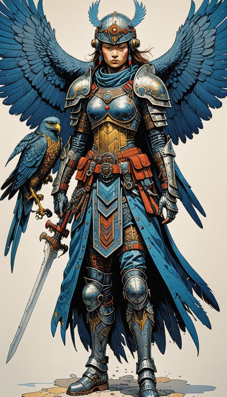 Vibrant Hawk Warrior in Moebius-Inspired Armor