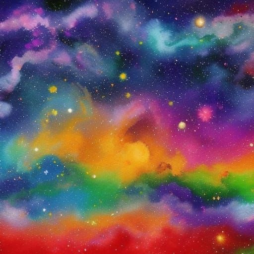 Rainbow Galaxy Landscape in Gouache Style