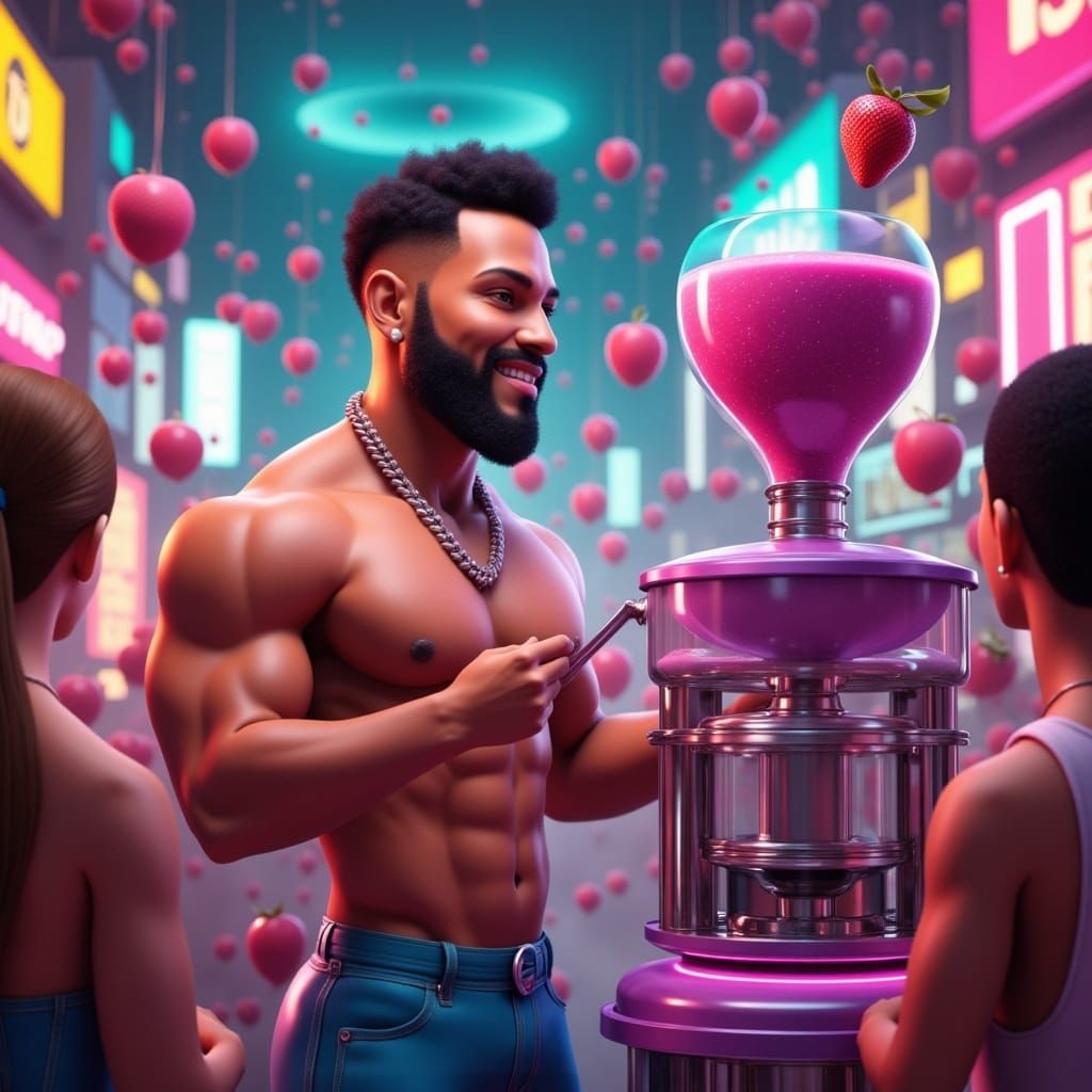 Freddie F'MAN JZ Blends Strawberries in 3D Animation Style