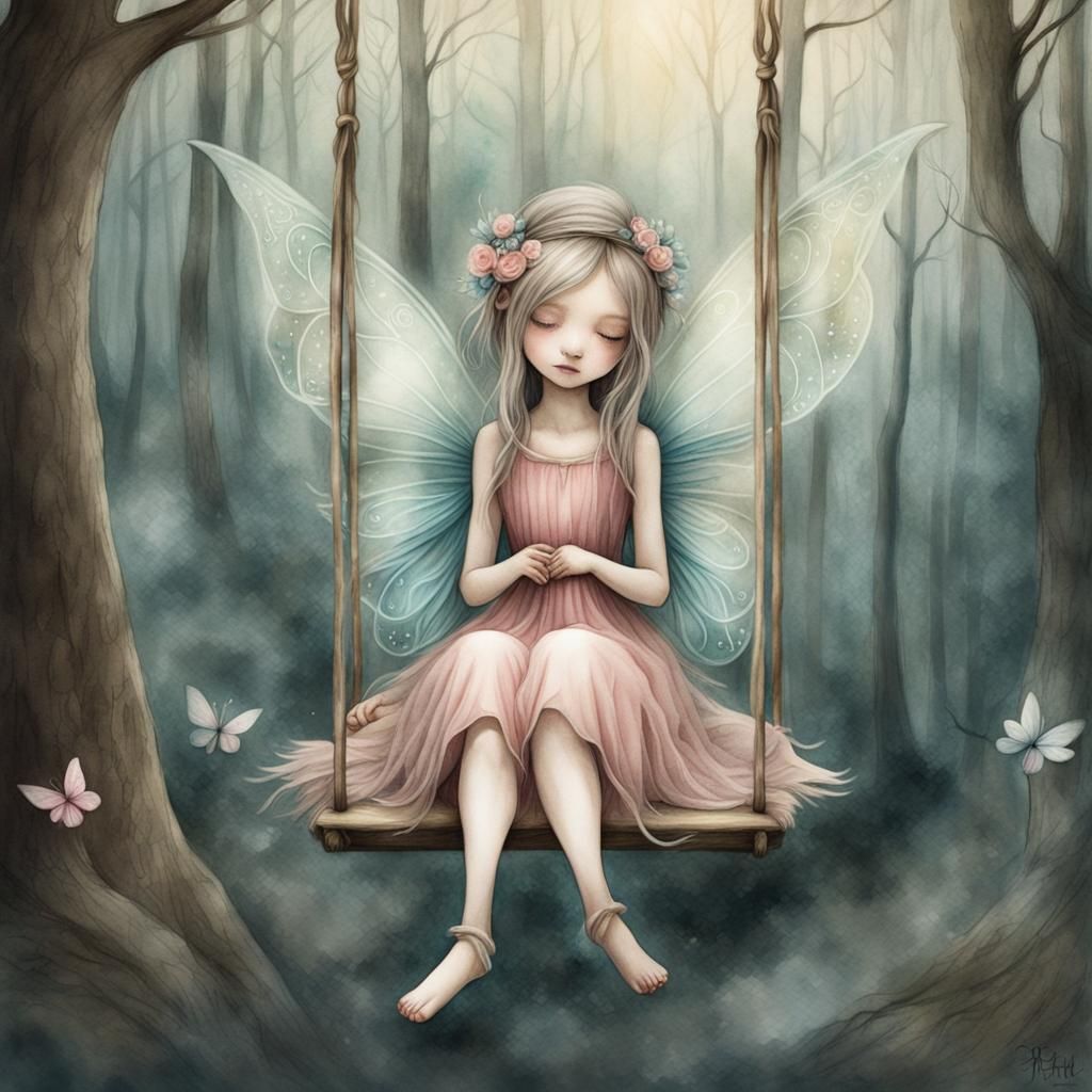 Fairy on a Swing in Mystical Forest, Watercolor Art