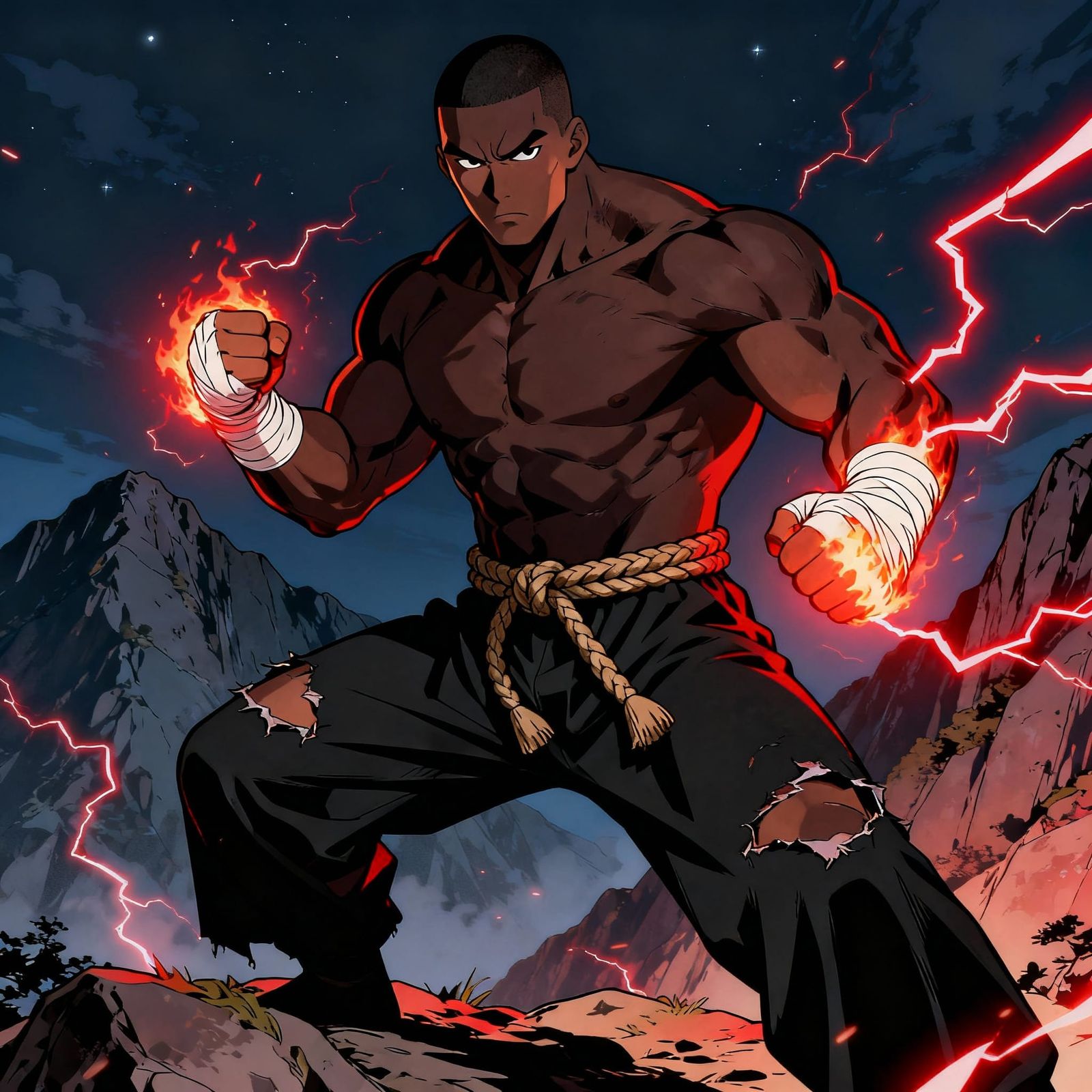 Muscular Black Man in Fiery Martial Arts Stance at Night