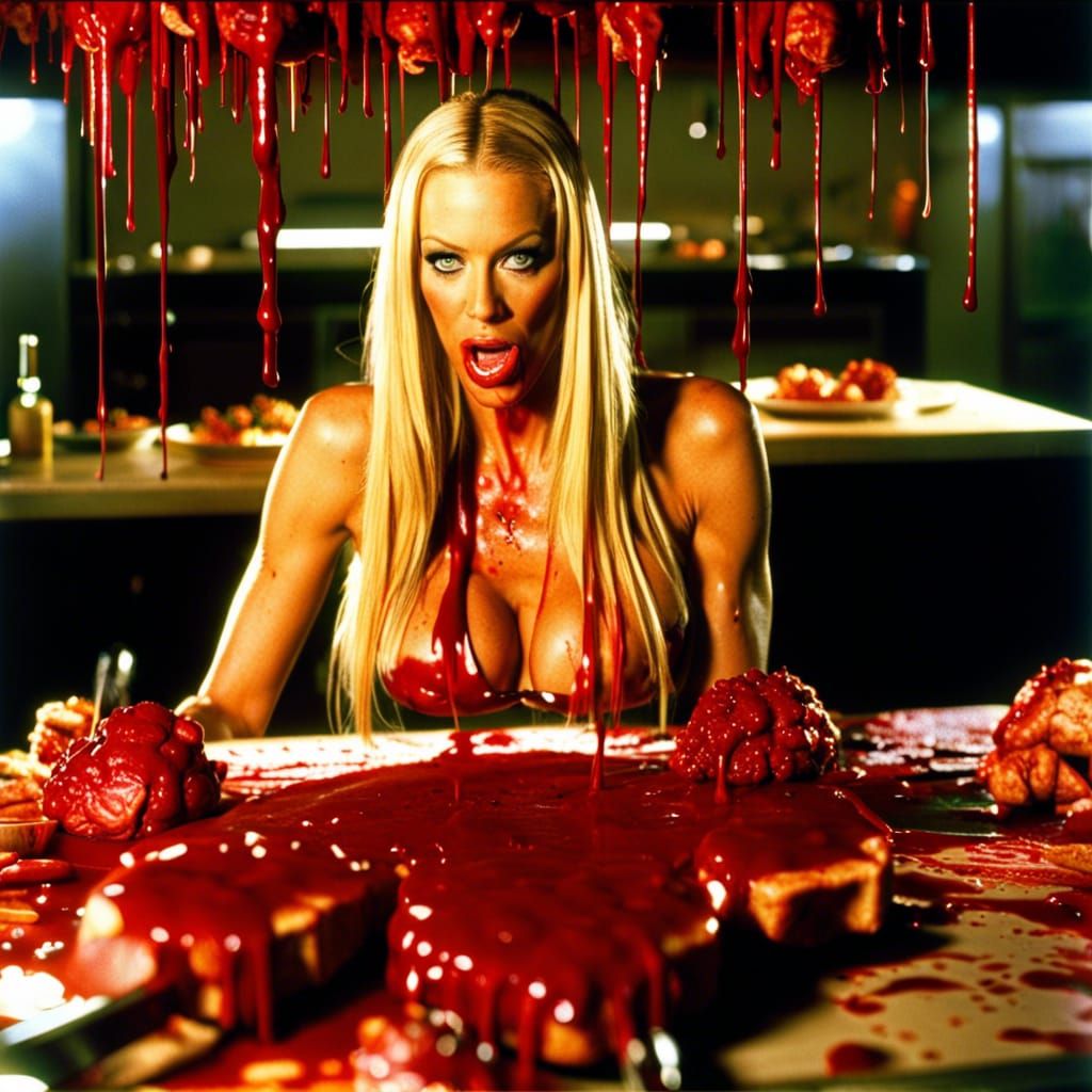 Woman Eating Brains with Blood - Horror Style