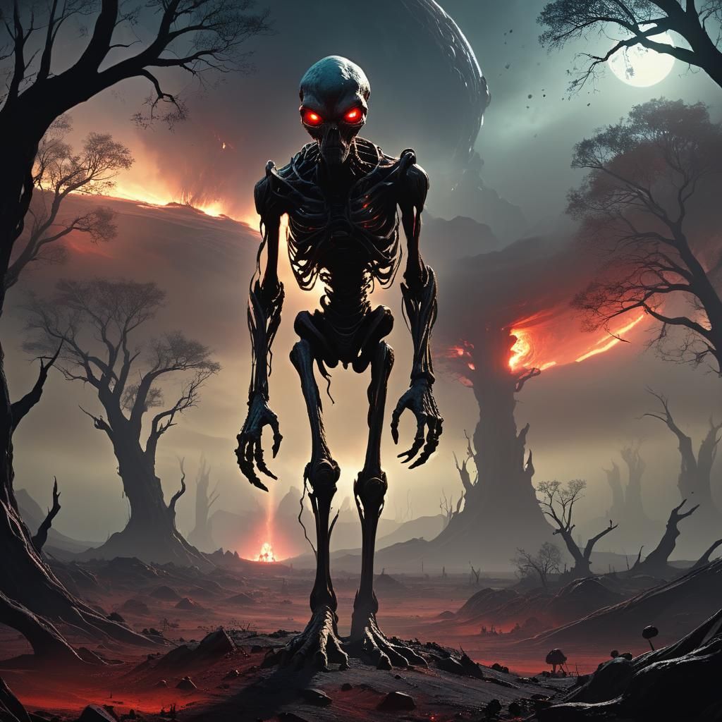 ET on Barren Alien Planet in Dark Fantasy Style
