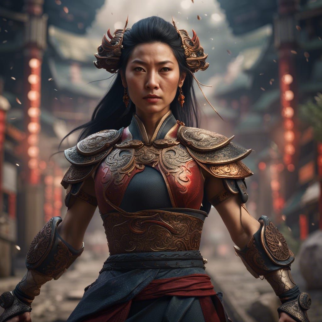 Photorealistic Asian Woman Warrior: Detailed Matte Painting
