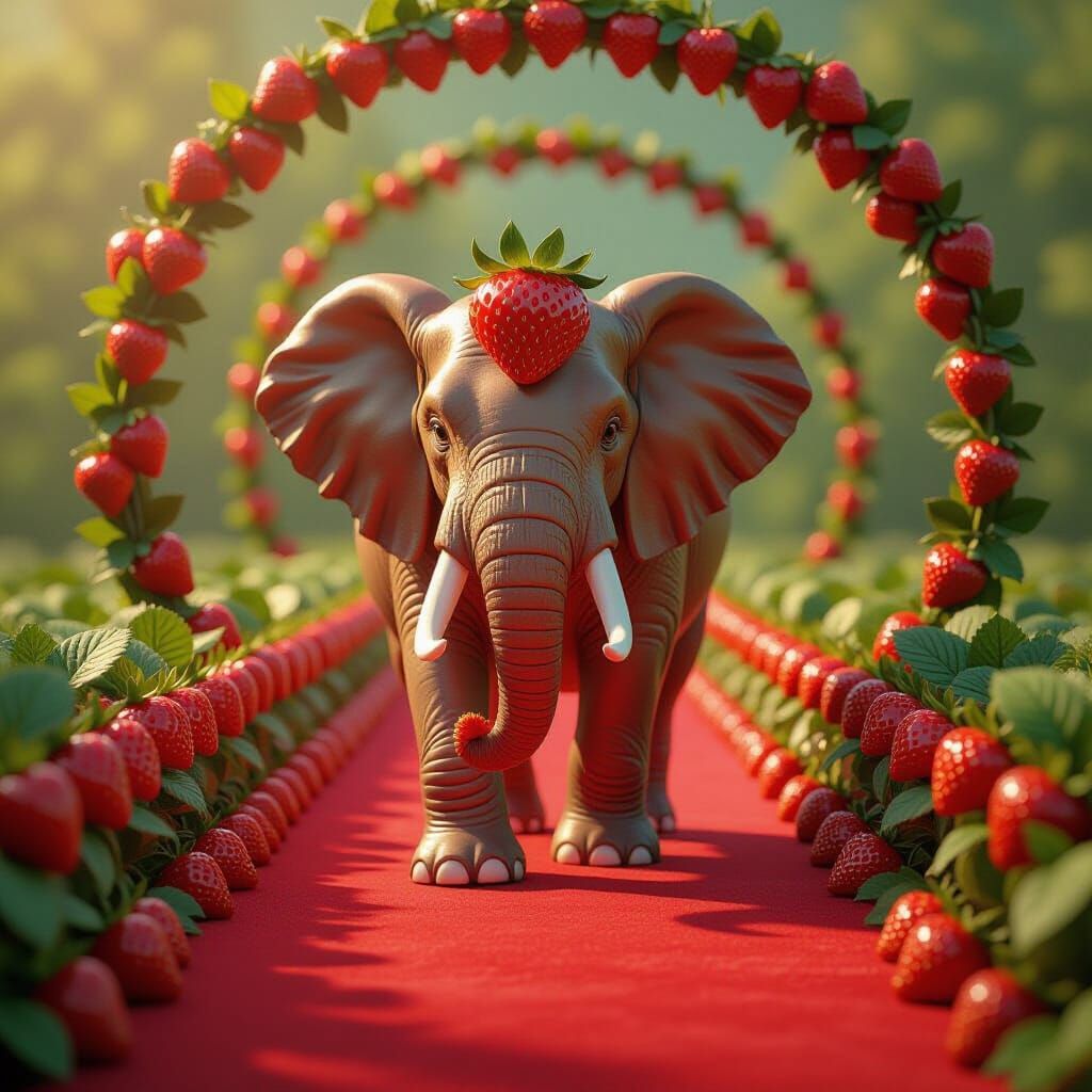 Strawberry Elephant on Red Carpet in Photorealistic 3D Style