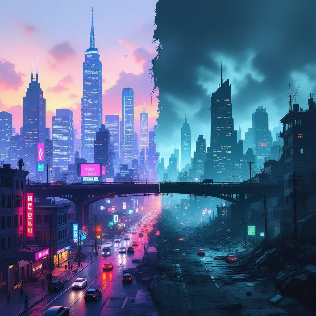 Cityscape Divided: Cyberpunk Metropolis and Post-Apocalyptic...