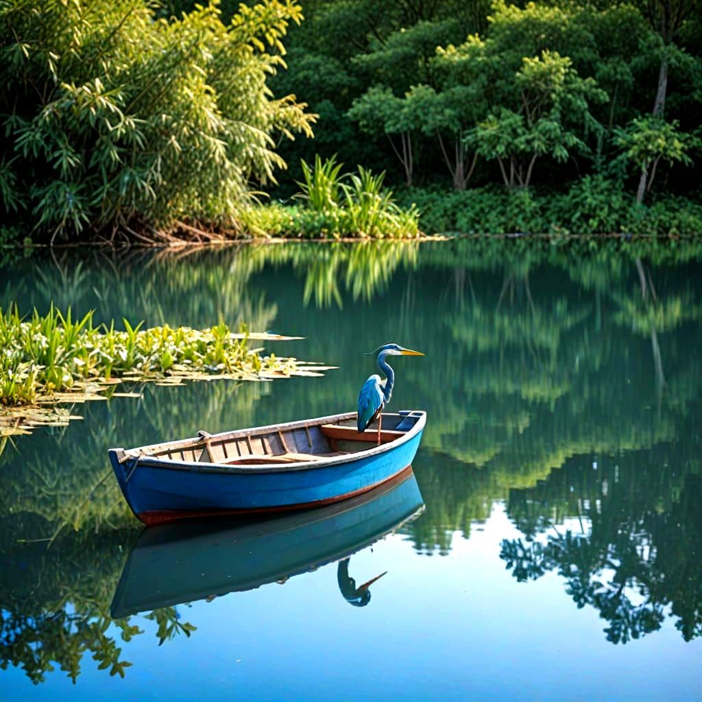 a boat on a beautiful  pond with a blue herron on the shore