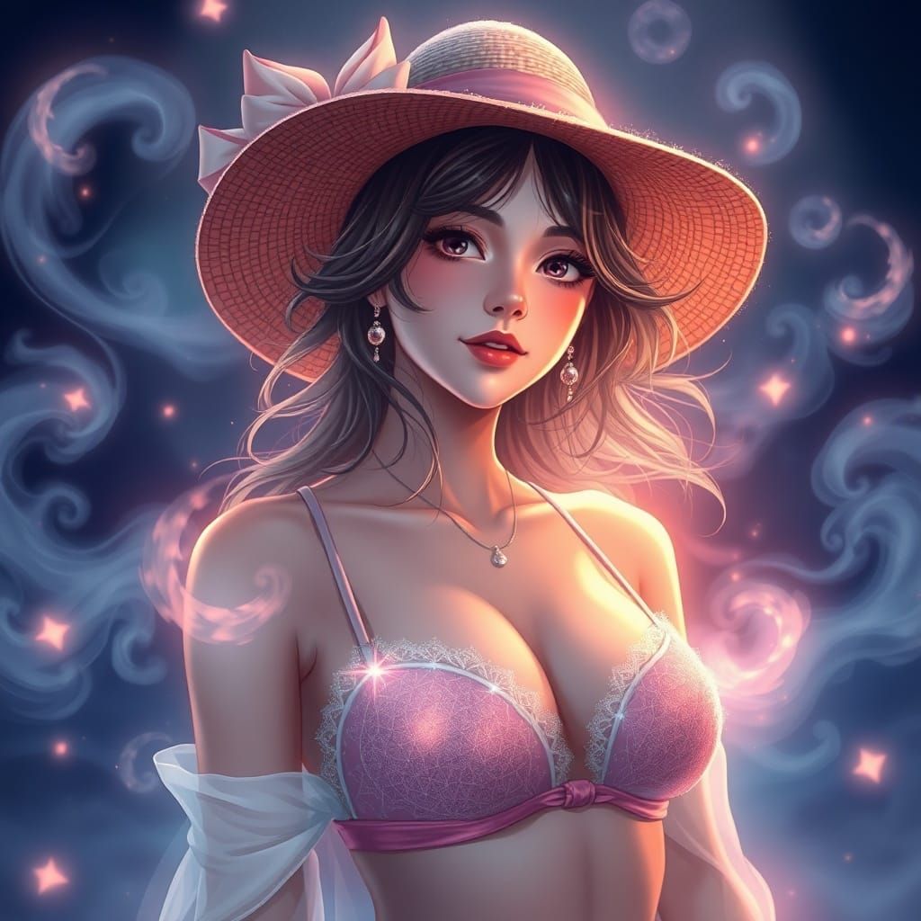 Ethereal 80s Anime Portrait of Woman in Romantic Winter Biki...