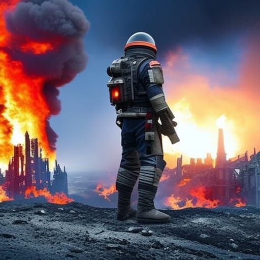 Astronaut Contemplates Burning City Ruins