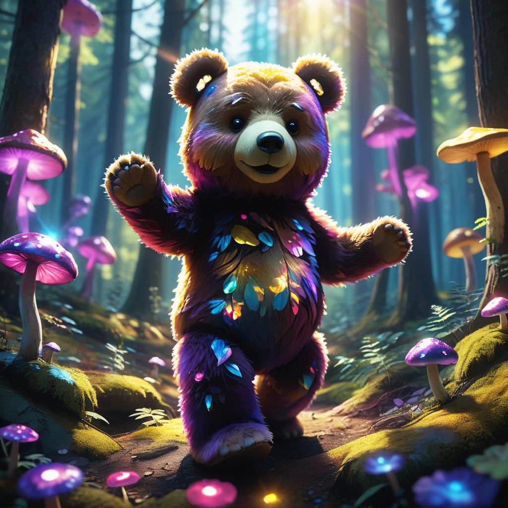 Dancing Teddy Bear in Whimsical Forest Concept Art