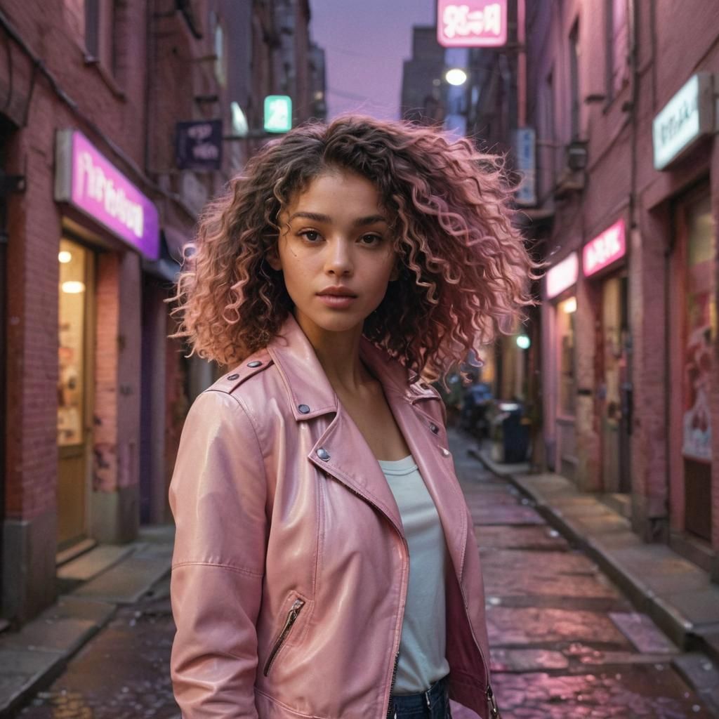 Woman in Pink Leather Jacket in Anime Style