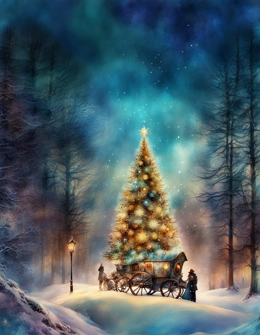 Steampunk Christmas Tree in Digital Watercolor Style
