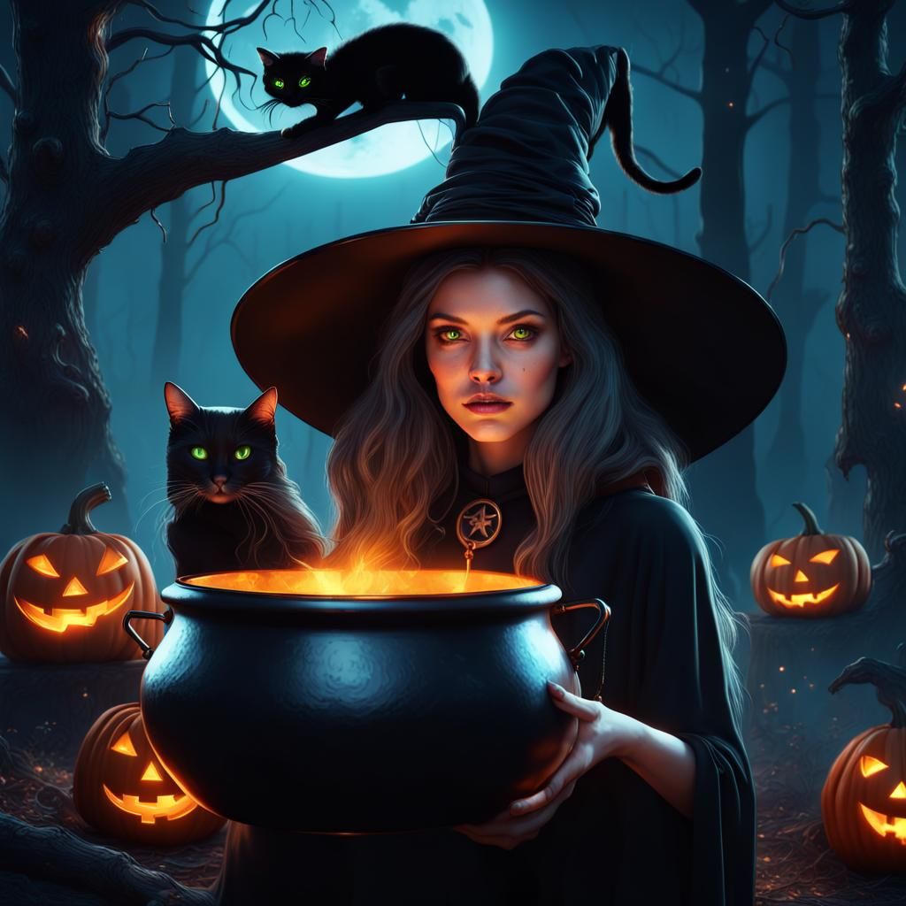 Halloween Witch in Woods by Cauldron