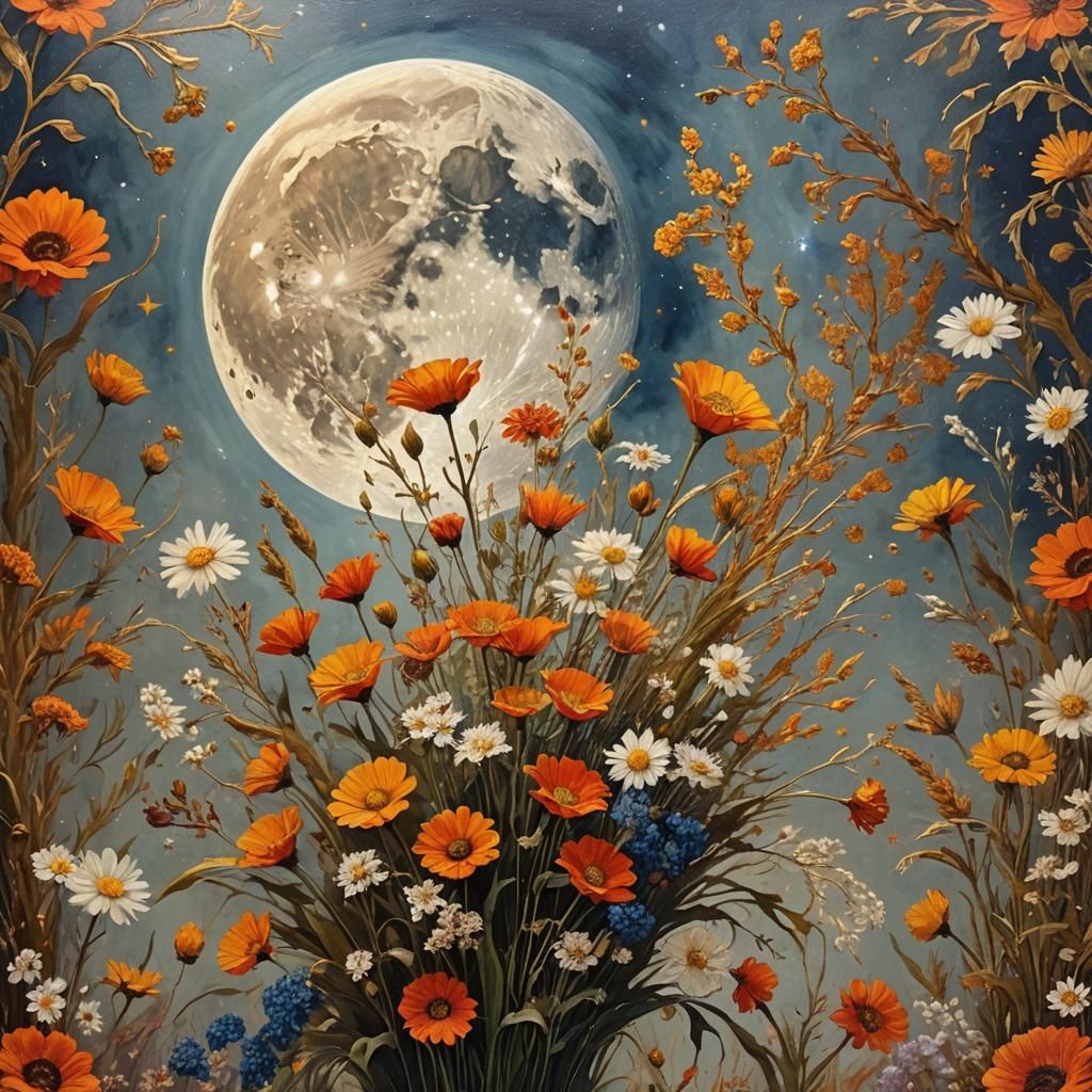 Radiant Full Moon with Pressed Flowers, Dreamy Galactic Styl...