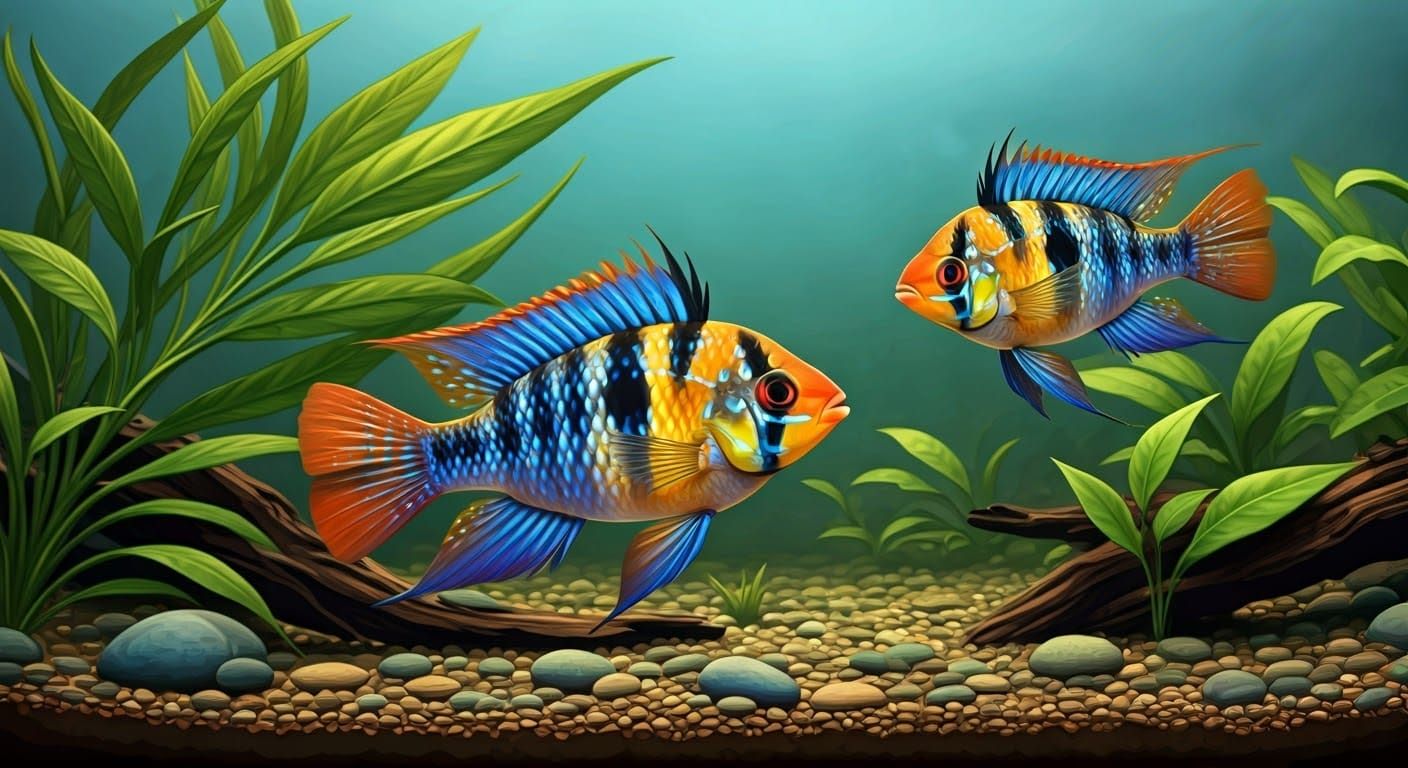 Realistic German Blue Ram Cichlids in Serene Freshwater Lake