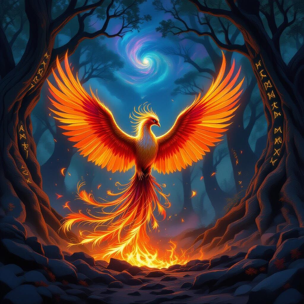 Majestic Phoenix Rises From Ashes in Mystical Forest
