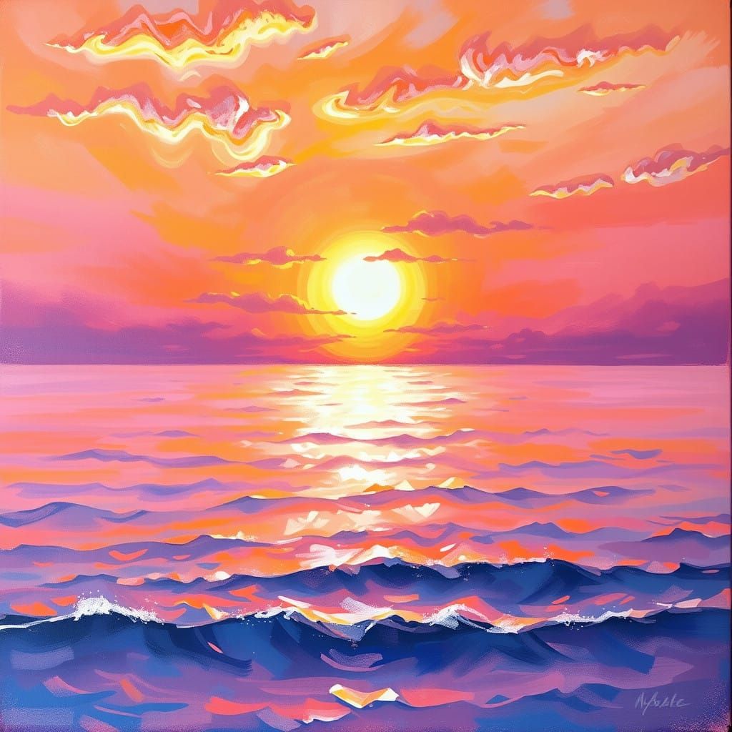 Whimsical Sunset Ocean Impressionist Painting with Vibrant G...