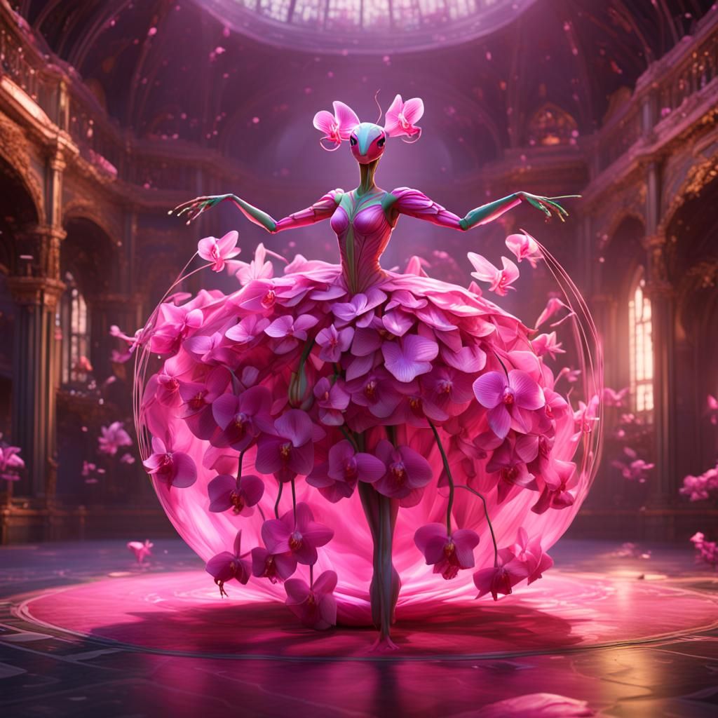 Orchid Mantis Dances in Pink Ball Gown