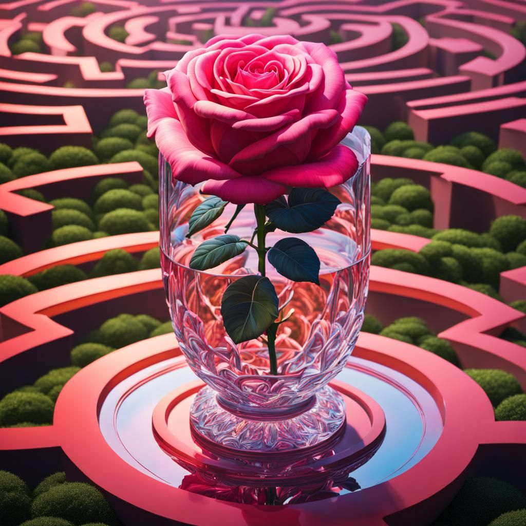 Rose in Crystal Vase in Labyrinth Garden