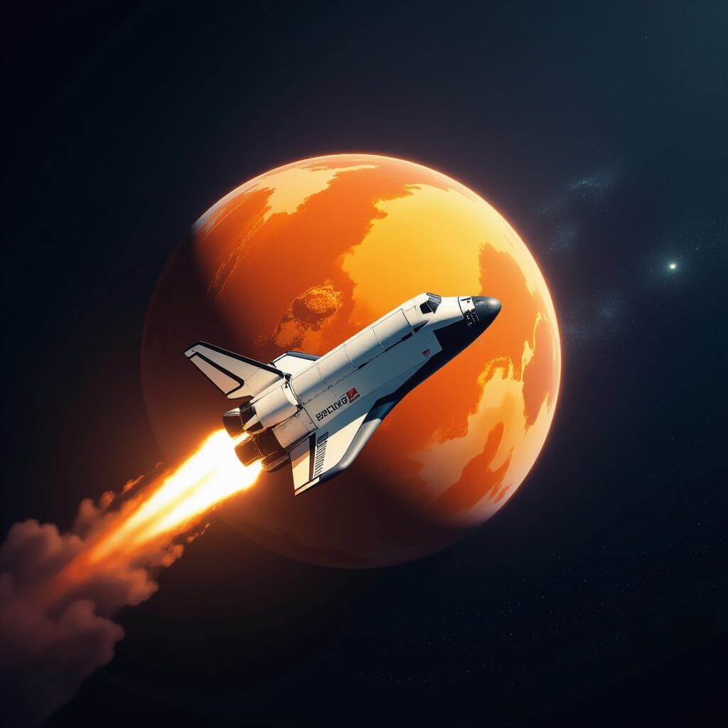 Space Shuttle Soaring Past Orange Planet: Cinematic
