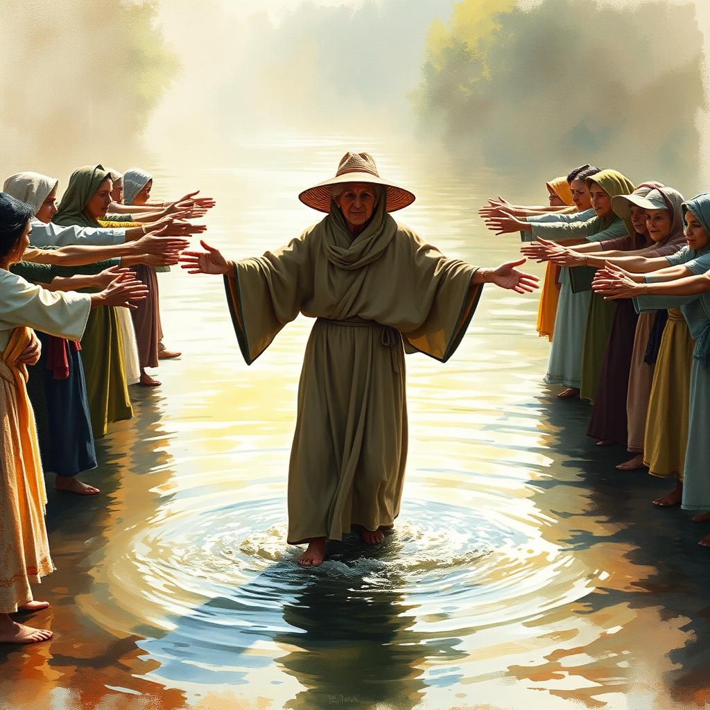 Villagers Build Human Bridge in Watercolor Impressionism