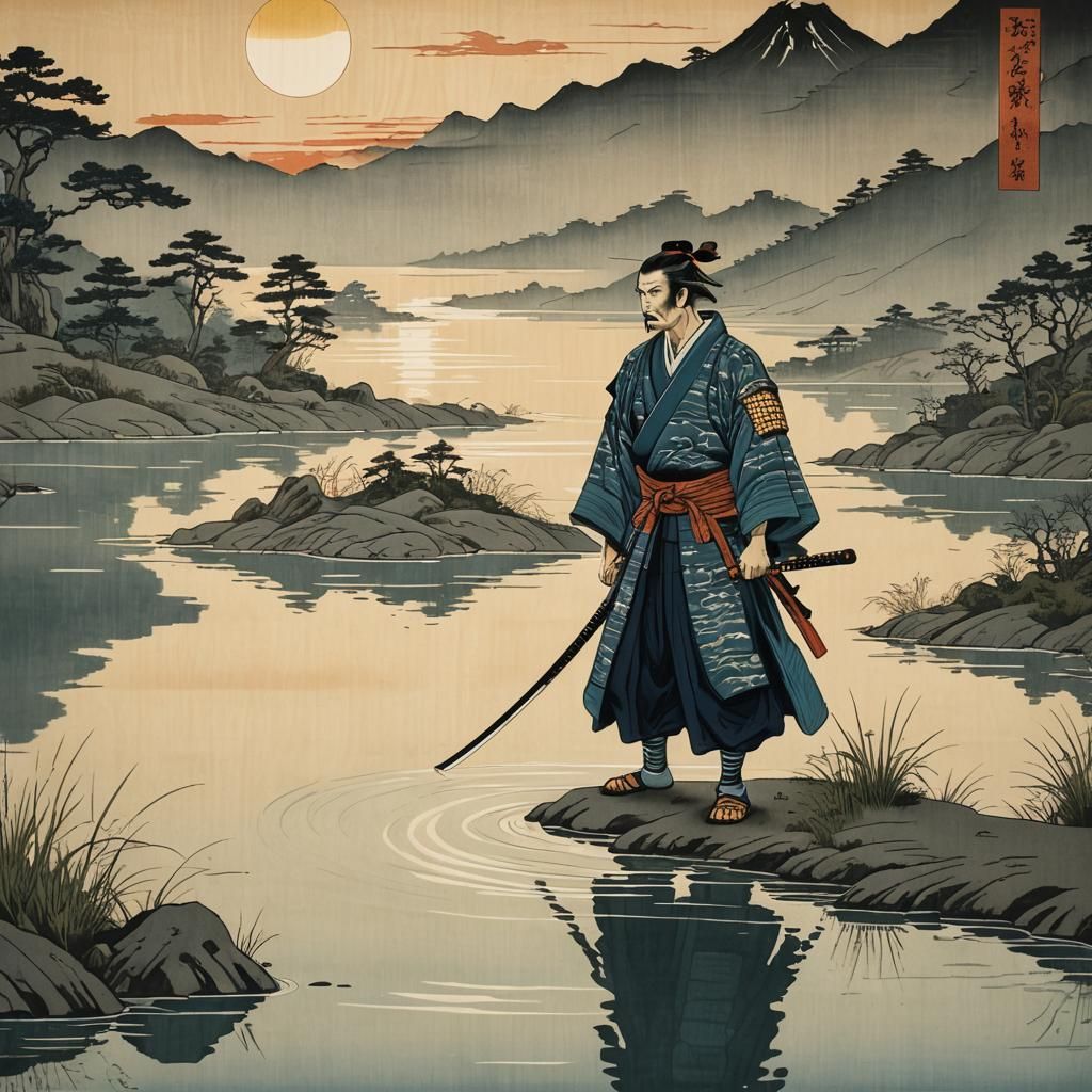 Samurai at Sunset in Ukiyo-e Style