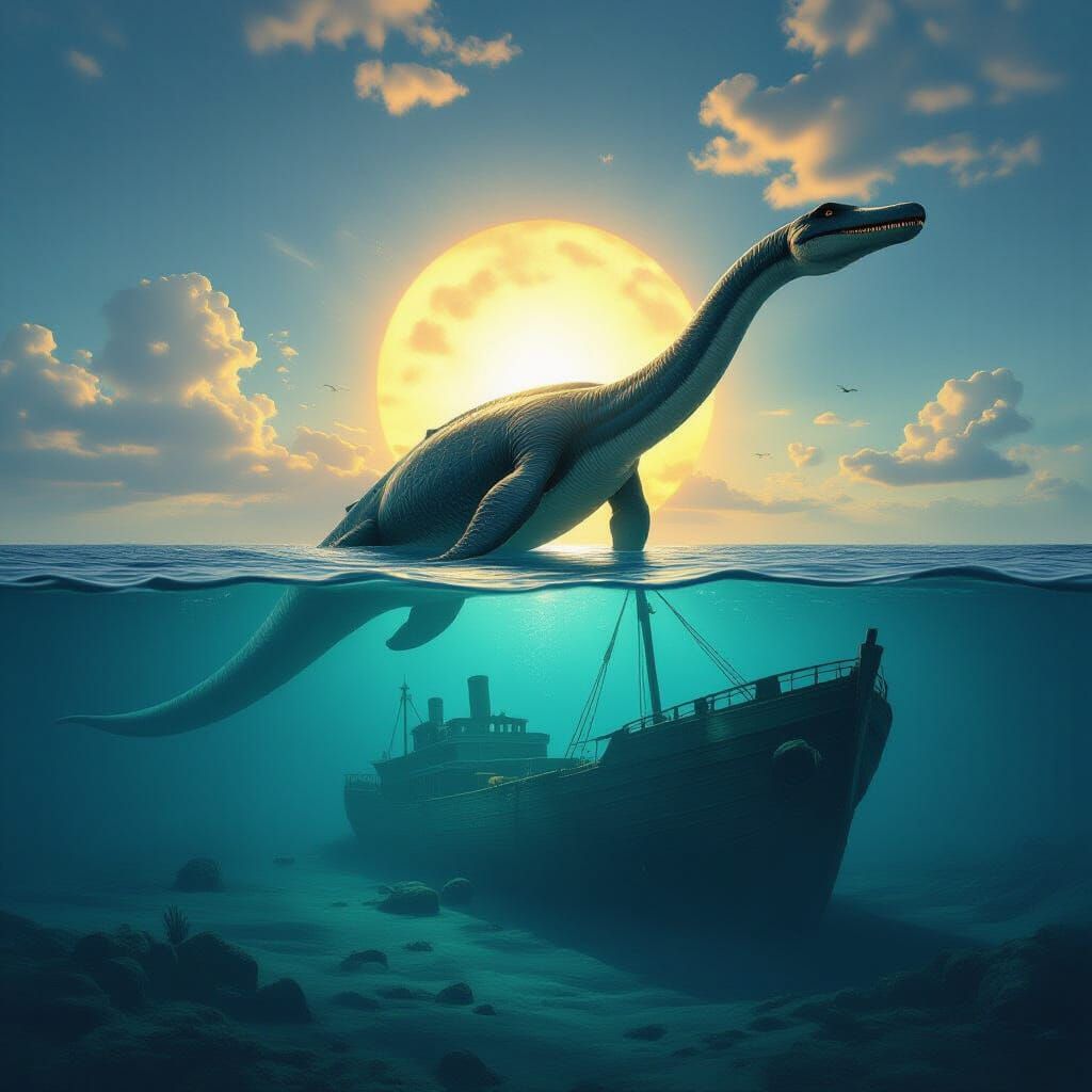 Plesiosaur Floats Above Sunken Ship