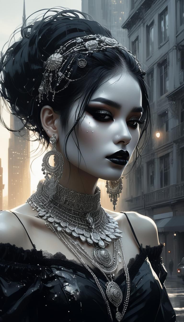 Gothic Girl in City at Sunrise, Diamond Painting Style