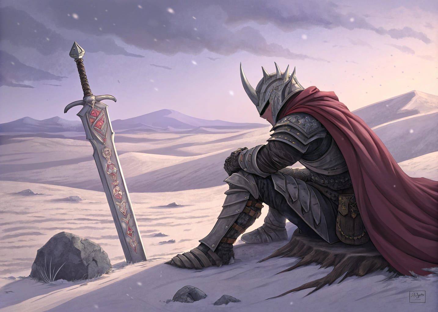 Elegant Warrior Surveys Bleak Landscape in Dark Fantasy Scen...