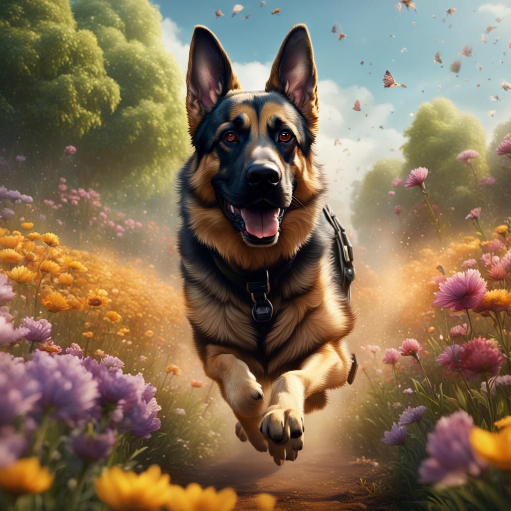 German Shepherd Runs Through Flower Field