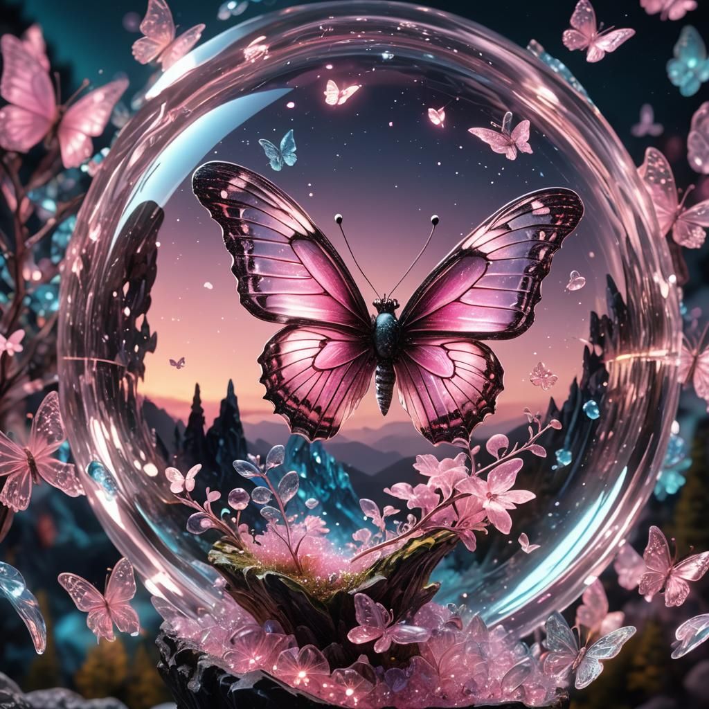 Bioluminescent Crystal Butterfly Above Magic Mountain