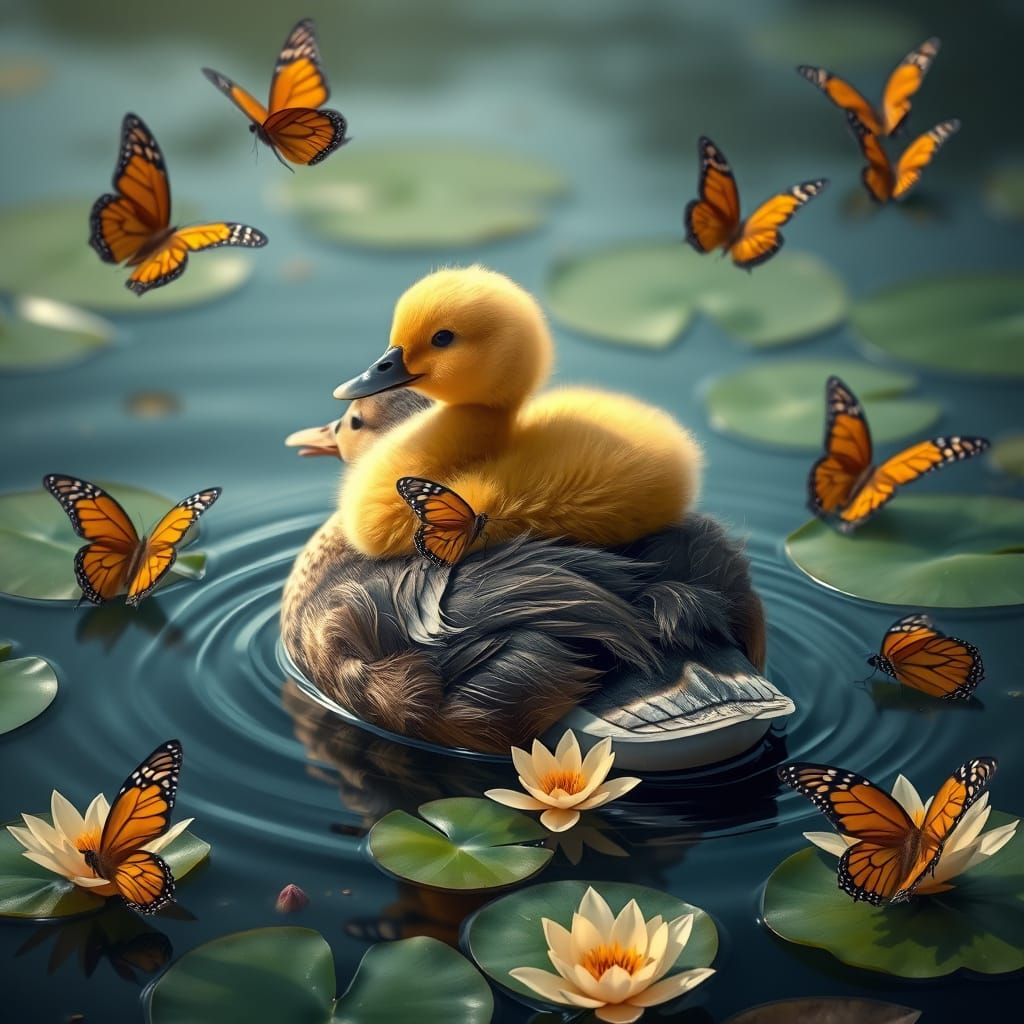 Duckling Ride: Serene Pond Scene in Realistic Style
