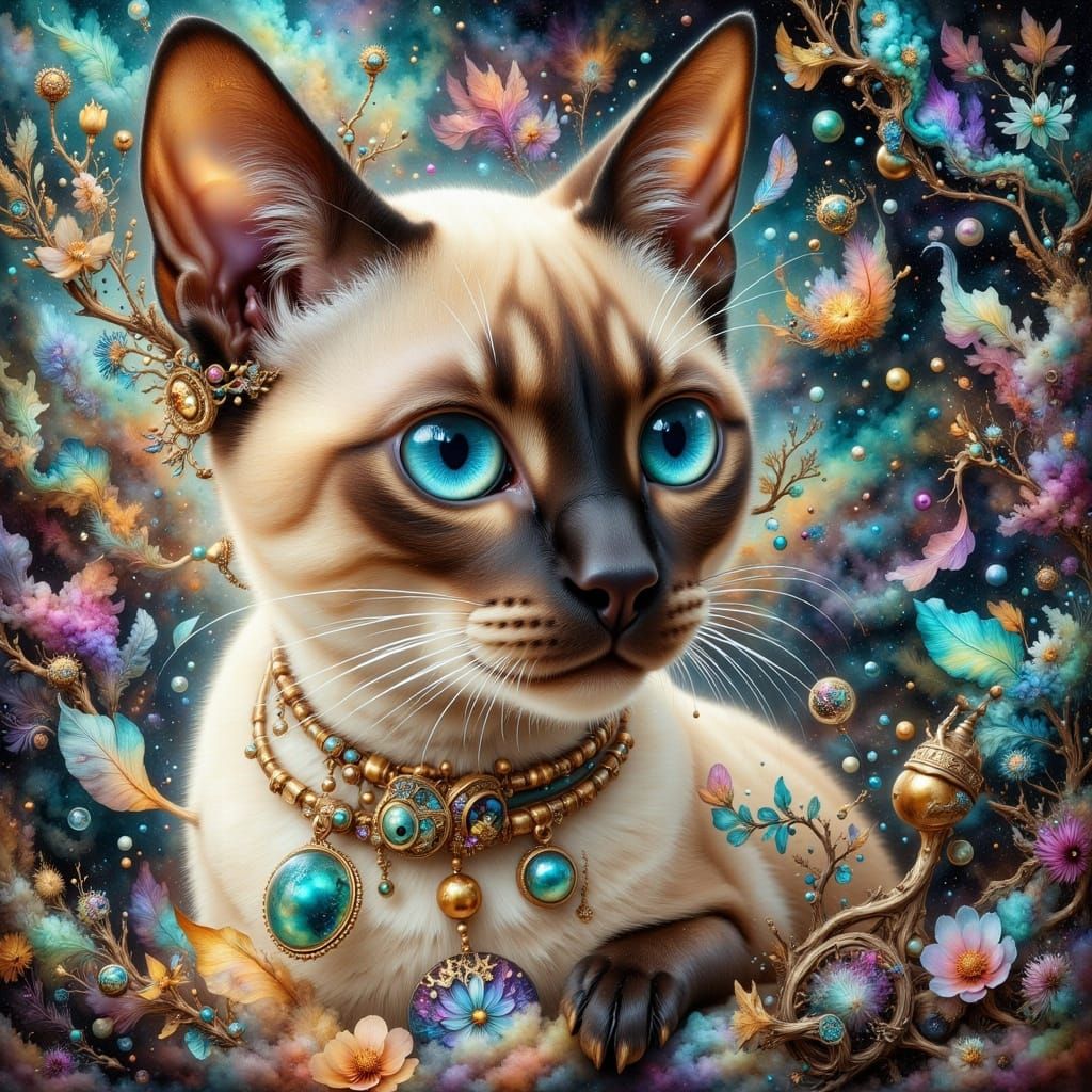 Affectionate Siamese Cat with Watercolor Textures