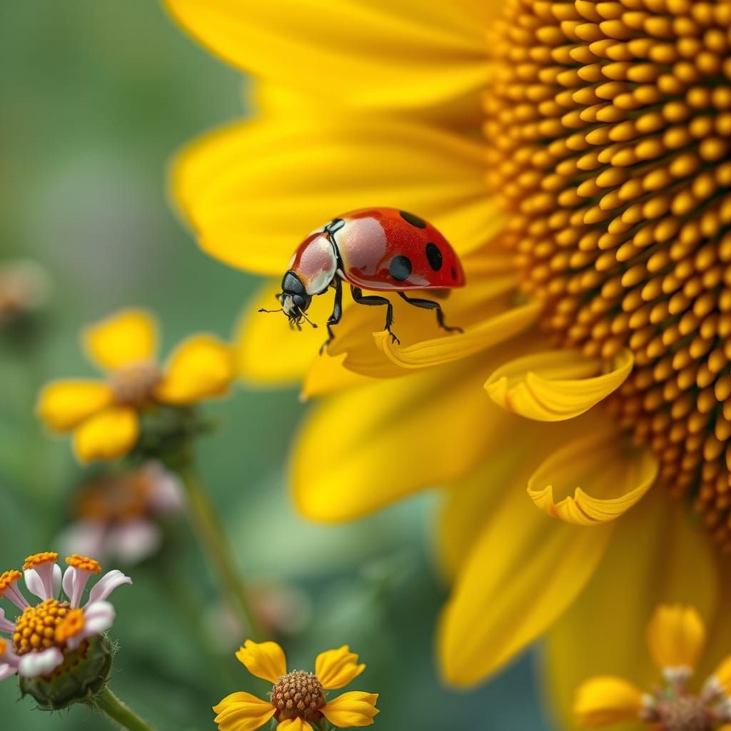 Hyperrealistic Ladybug on Sunflower with Wildflowers